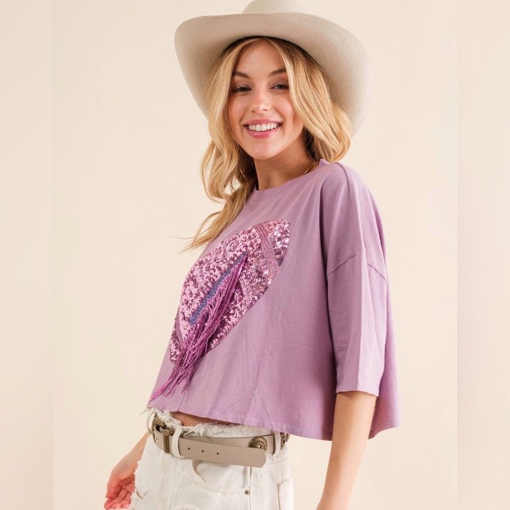 NEW Blue B. Light Pastel Purple Sequins & Fringe Football Cropped T-Shirt OS NFL